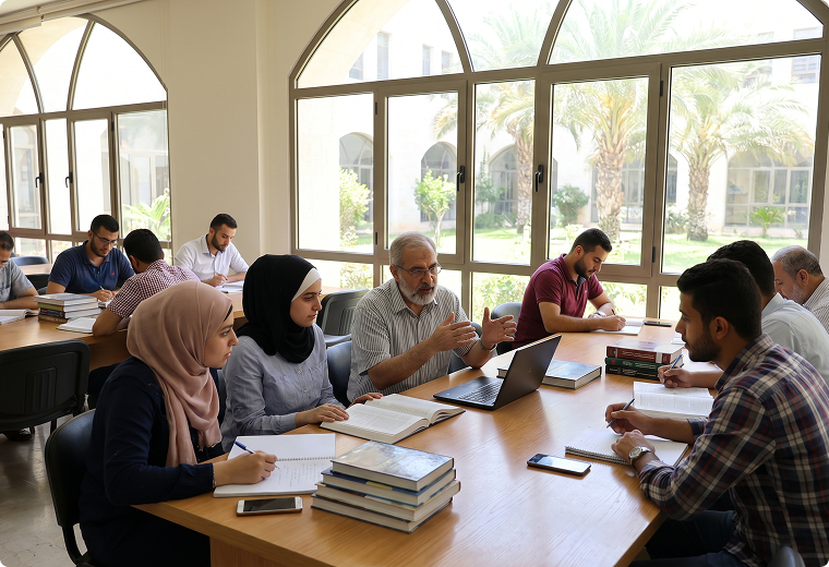 Students and faculty in discussion at a shared table